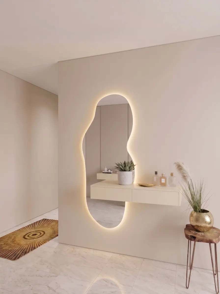 מראת ליאנה עם שידה חלקה בצבע קרם