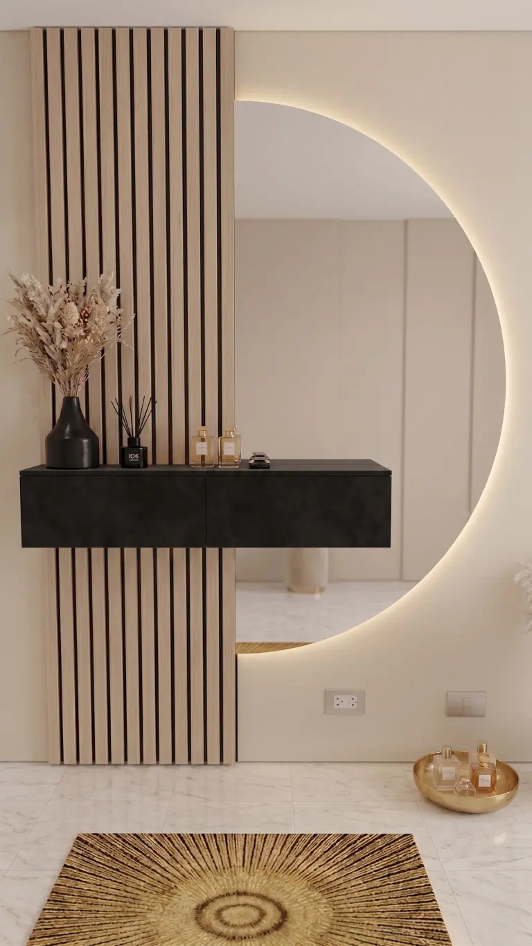 מראת ירח עם שידה חלקה בצבע שחור