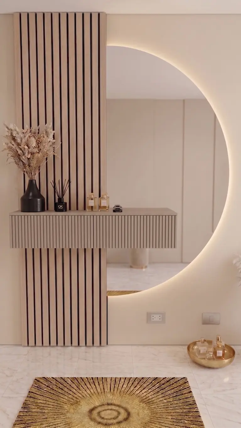 מראת ירח עם שידה עם פסים בצבע סהרה