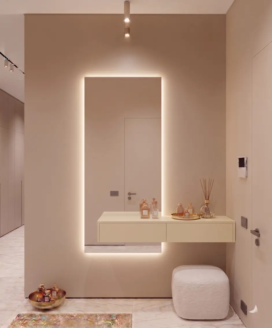 מראת סהר עם שידה חלקה בצבע קרם