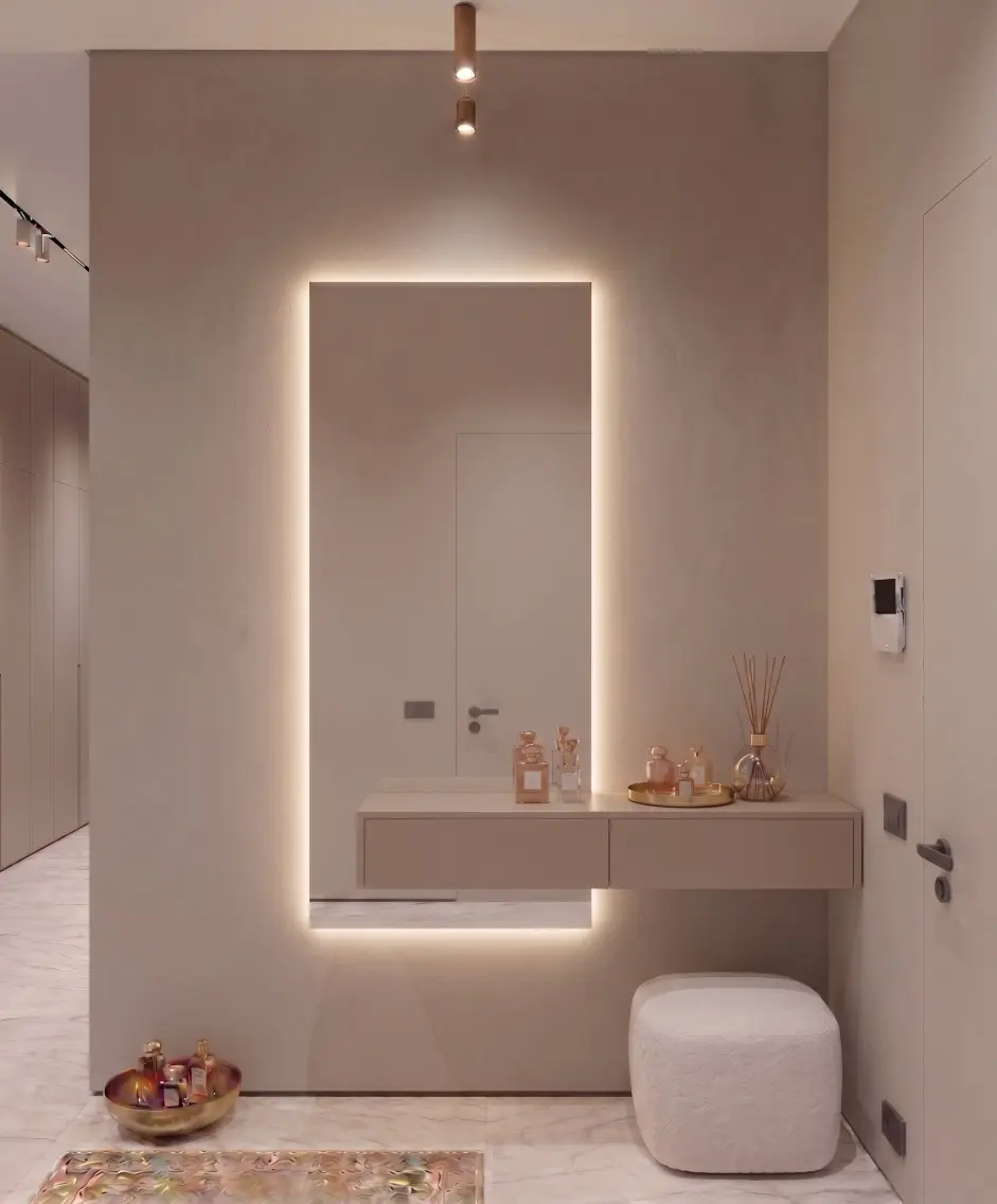 מראת סהר עם שידה חלקה בצבע סהרה