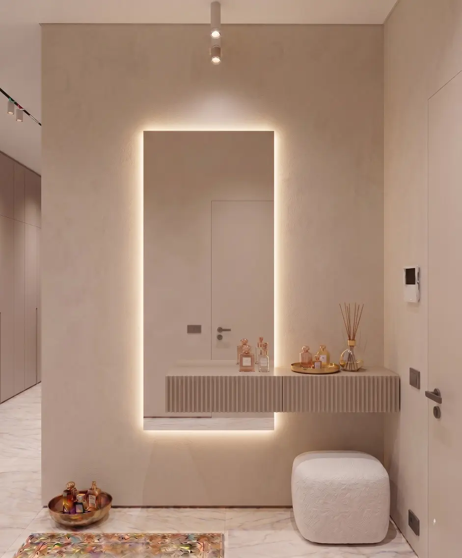 מראת סהר עם שידה עם פסים בצבע סהרה