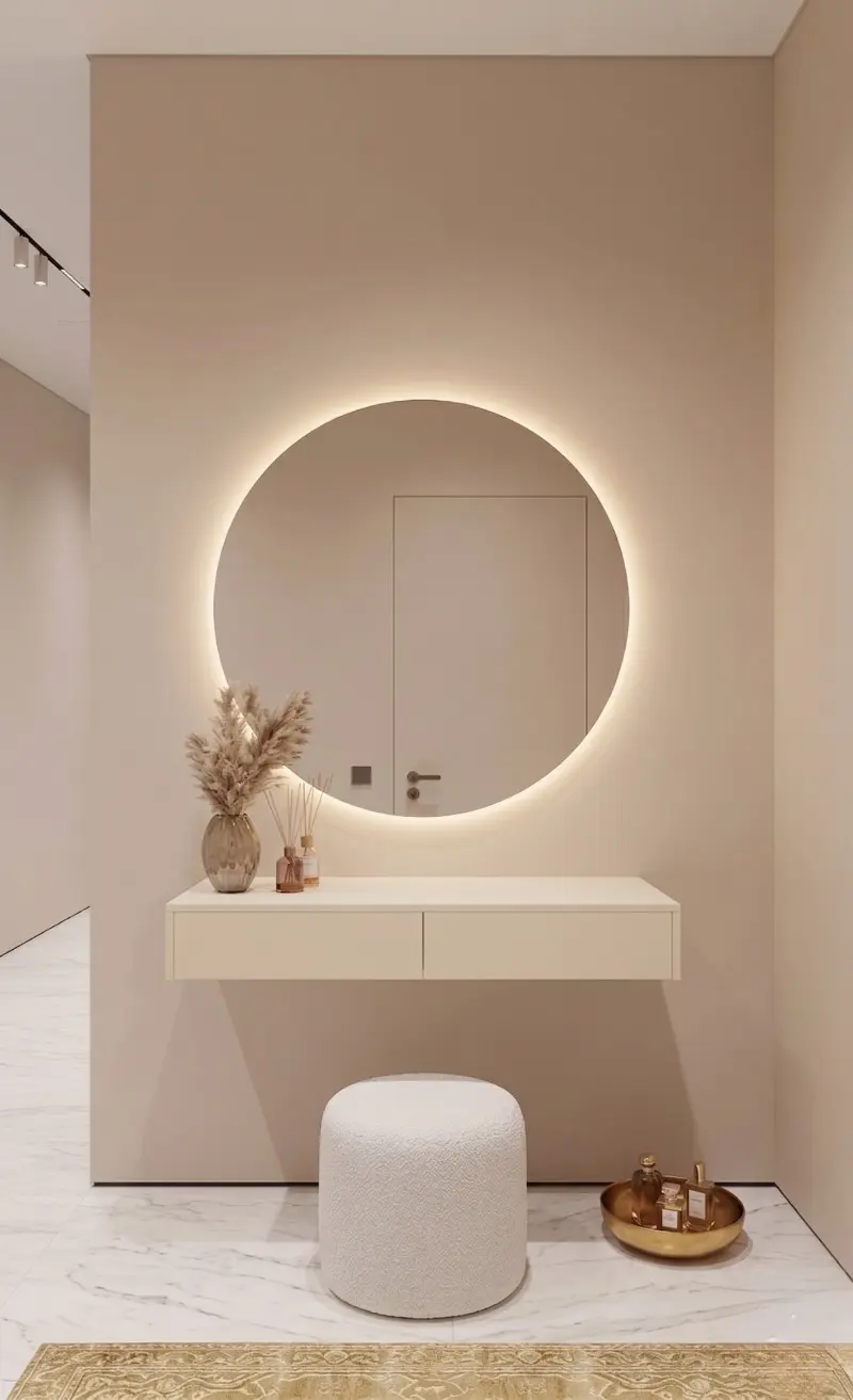 מראת סביון עם שידה חלקה בצבע קרם