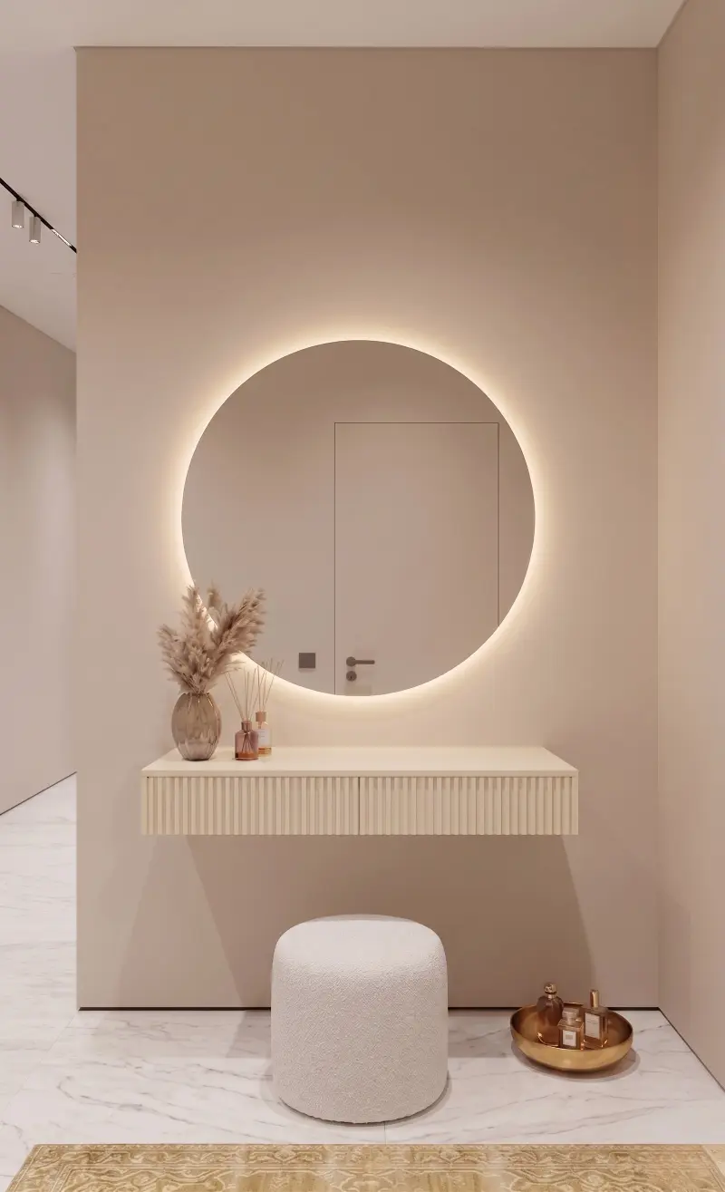 מראת סביון עם שידה עם פסים בצבע קרם