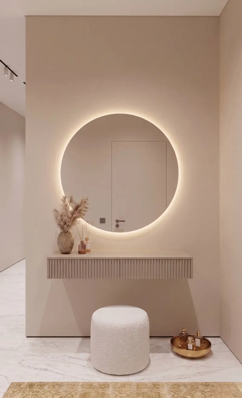 מראת סביון עם שידה עם פסים בצבע סהרה