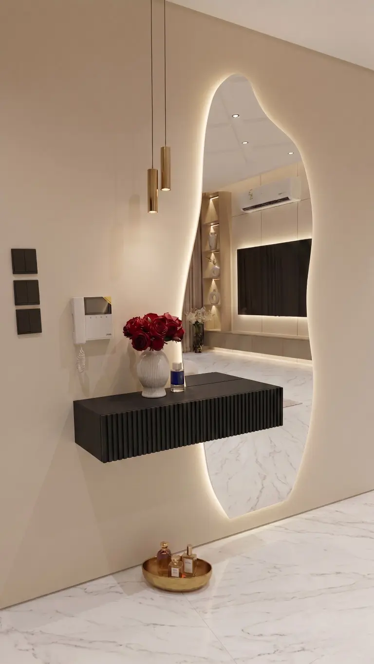 מראת סיוון עם שידה עם פסים בצבע שחור