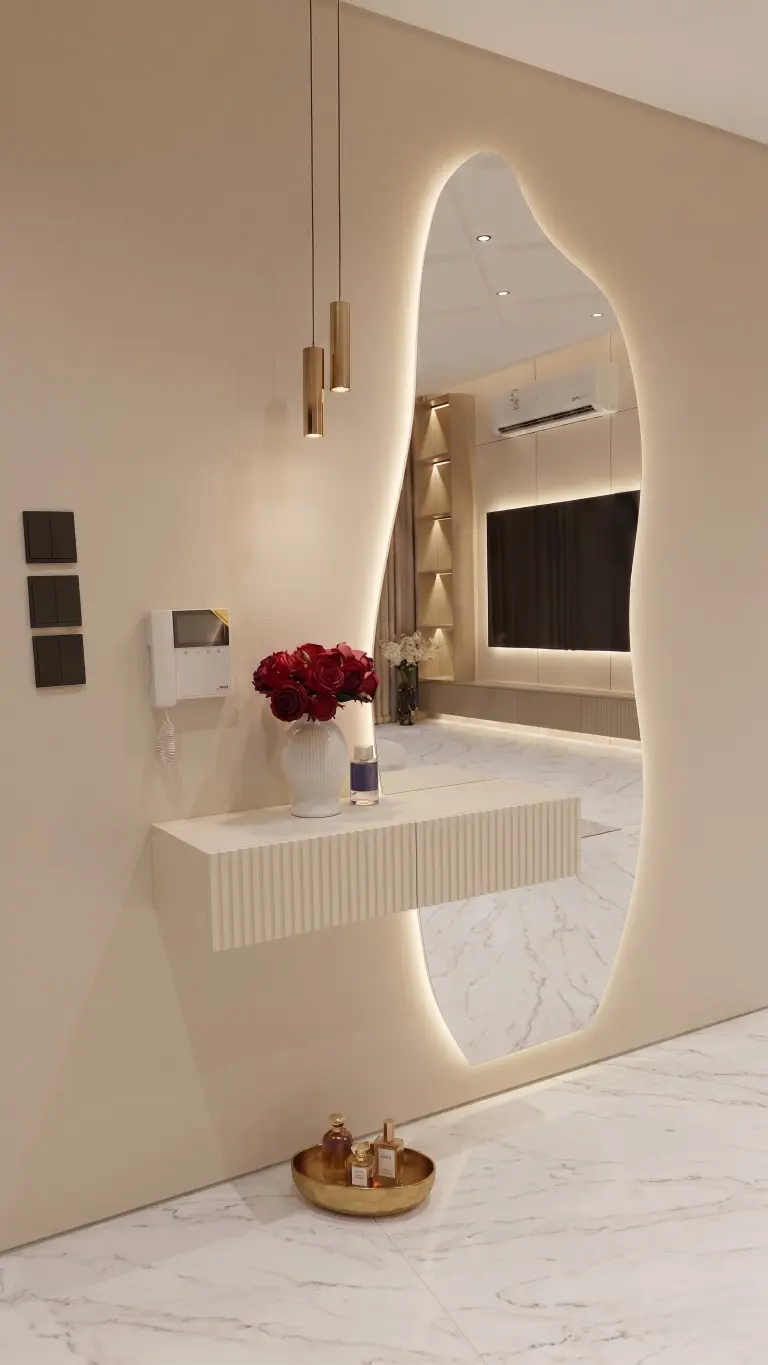 מראת סיוון עם שידה עם פסים בצבע קרם